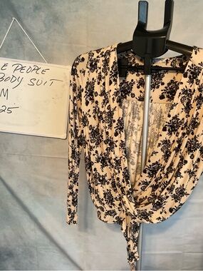 Free People Cream Bodysuit with Black Floral Print Tie Front